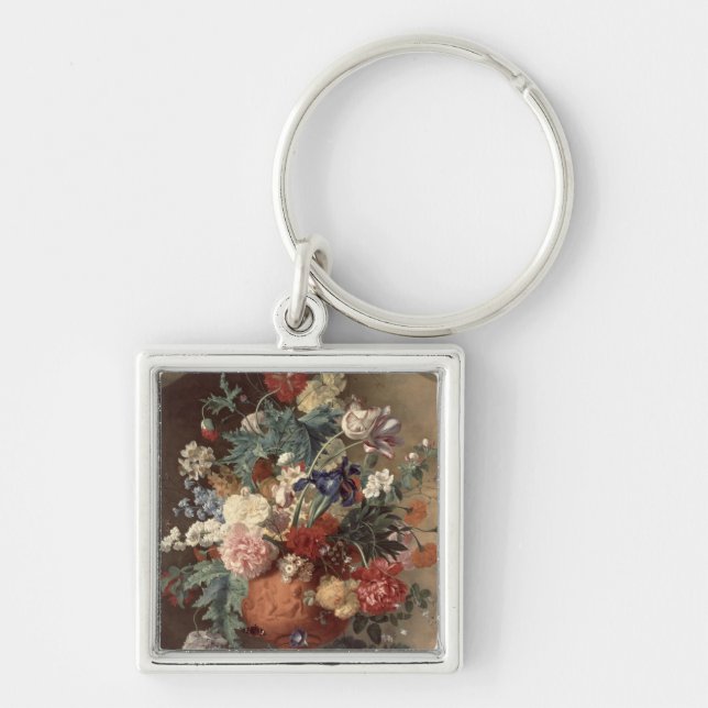 Blommor i en terrakottavas, 1736 fyrkantig silverfärgad nyckelring (Framsidan)