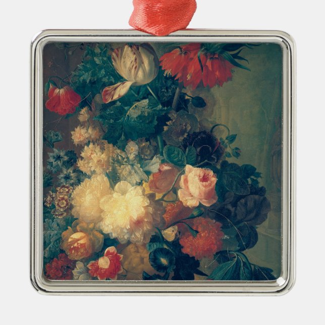 Blommor i en vas med ett fågelbo julgransprydnad metall (Framsidan)