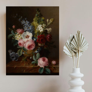 Blommor i en vas på en marmorbänk poster