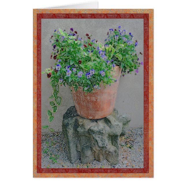 Blommor i encotta kruka på sten hälsningskort (Framsidan)