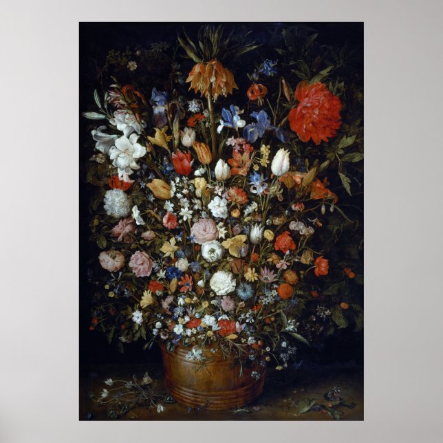 Blommor i ett träkärl Jan Brueghel den äldre Poster (Framsidan)