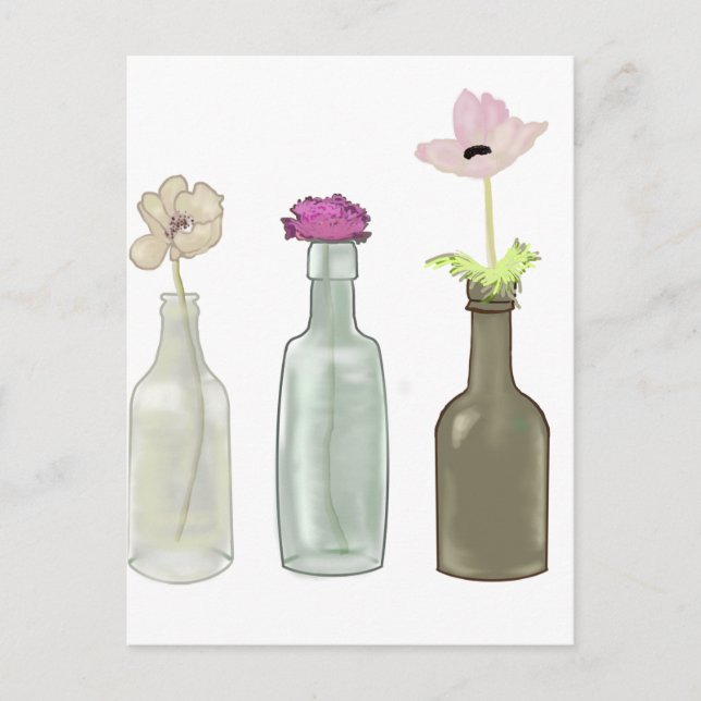 blommor i flaskor av glas. Pastel färg Vykort (Framsida)