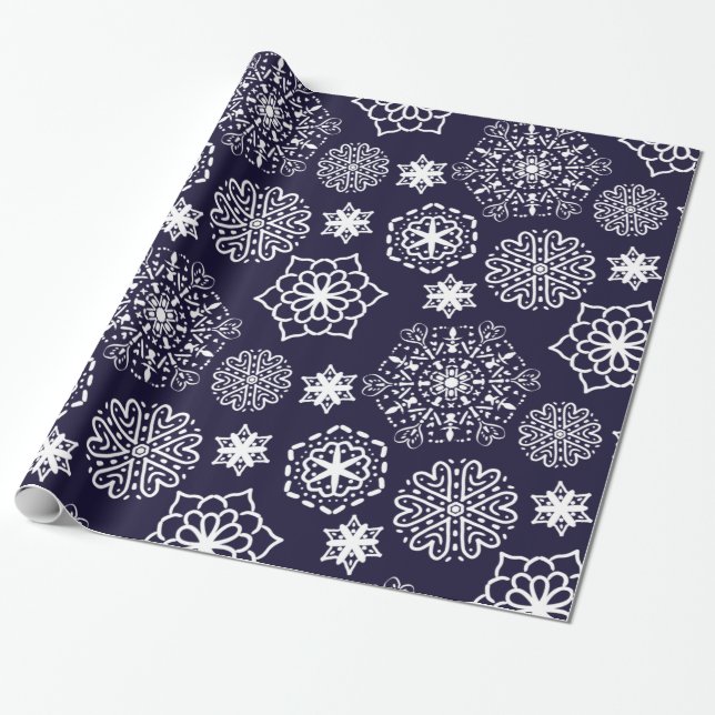 Blommor i folkblåmandala, sömlösa mönster presentpapper (Utrullad)