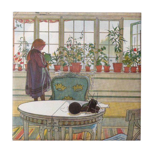 Blommor i fönsterrutan av Carl Larsson Kakelplatta (Framsidan)