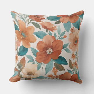 Blommor i gryst-, teal- och rost-vattenfärger kudde