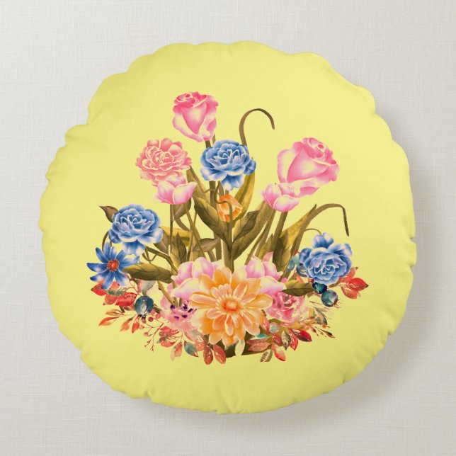 blommor i gultens bakgrund rund kudde (Framsidan)