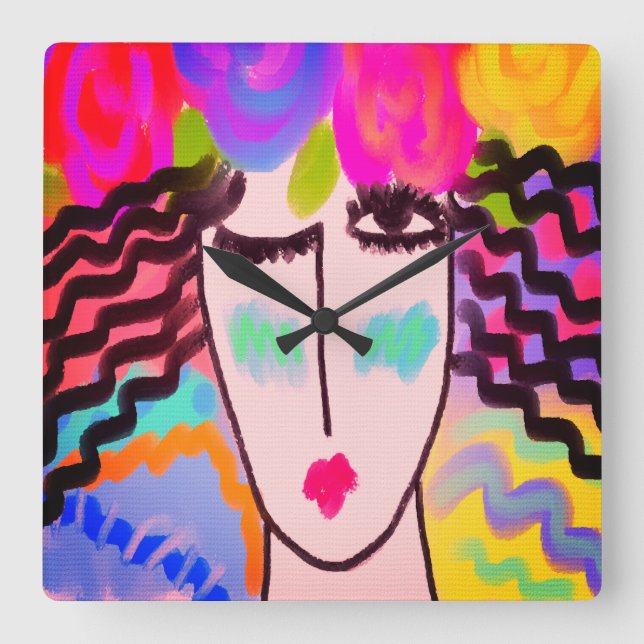 Blommor i henne abstrakt konst för hår fyrkantig klocka (Framsida)