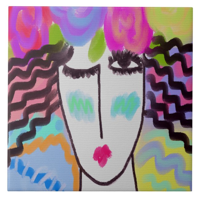 Blommor i hennes digitala målning för Hair Abstrak Kakelplatta (Framsidan)