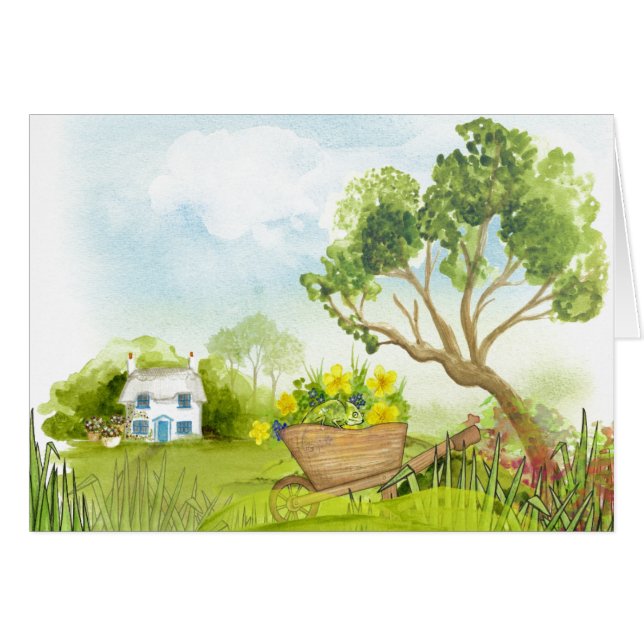Blommor i hjulbarrow liggande hälsningskort (Framsidan Horizontal)