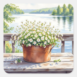 Blommor i kopparkruka på Lakehouse Deck Fyrkantigt Klistermärke