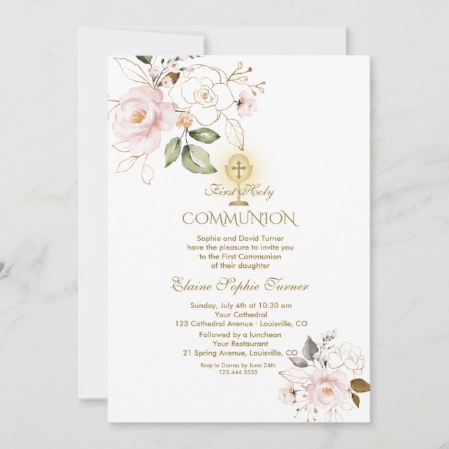  blommor i Luxury Guld Första Heligan Communion Inbjudningar (Framsida)