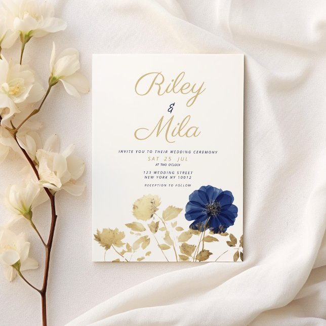 Blommor i lyxmarinkblått guld Bröllop Inbjudningar (Luxury navy blue gold foliage flower Wedding)