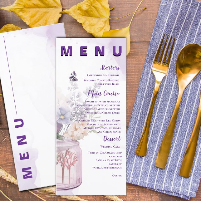 Blommor i Mason Burk Lila Blommigt Bröllopsfest Meny (Flowers In Mason Jar Purple Floral Wedding Party Menu)