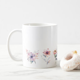Blommor i olika stilar längs basen kaffemugg