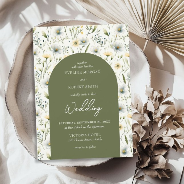 Blommor i oliv grönt och vit vild, antenn, bågade inbjudningar (Aerial olive green and white wild flowers arched invitation)