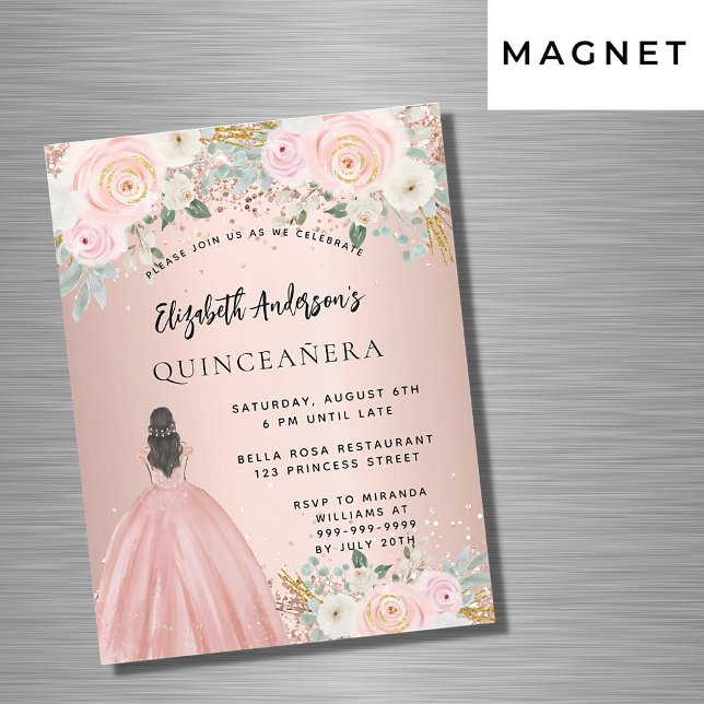 Blommor i Quinceanera ro guld är lyxkläder Magnetisk Inbjudningskort (Skapare uppladdad)