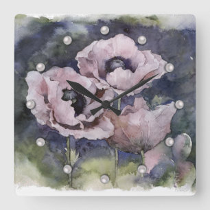 Blommor i rosa av vattenfärger fyrkantig klocka