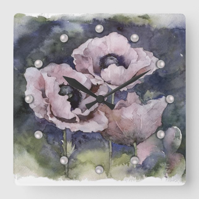 Blommor i rosa av vattenfärger fyrkantig klocka (Framsida)