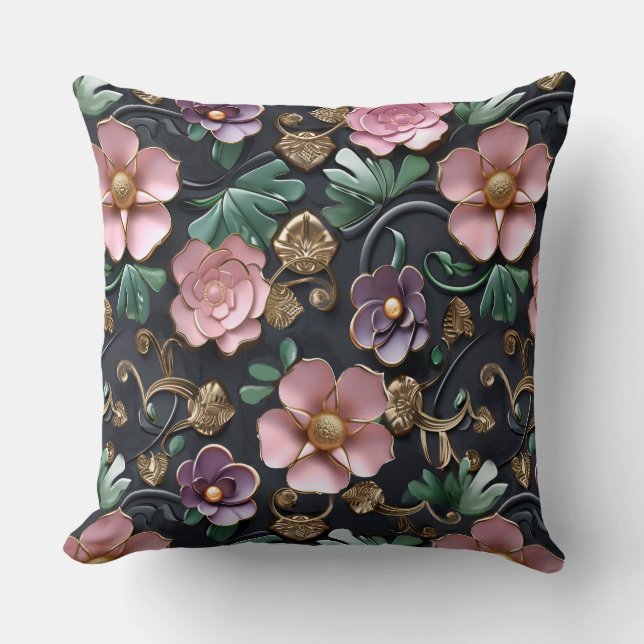 Blommor i Rosa och Lila på Black Backgroun Kudde (Framsida)