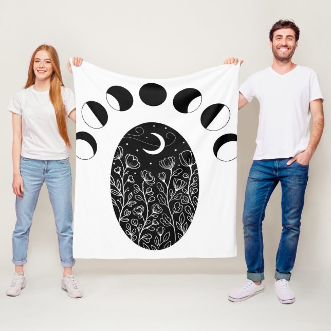 Blommor i svart vitt måne fleecefilt (På plats)