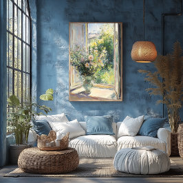 Blommor i vas vid solbelyst fönster – Impressionis Poster