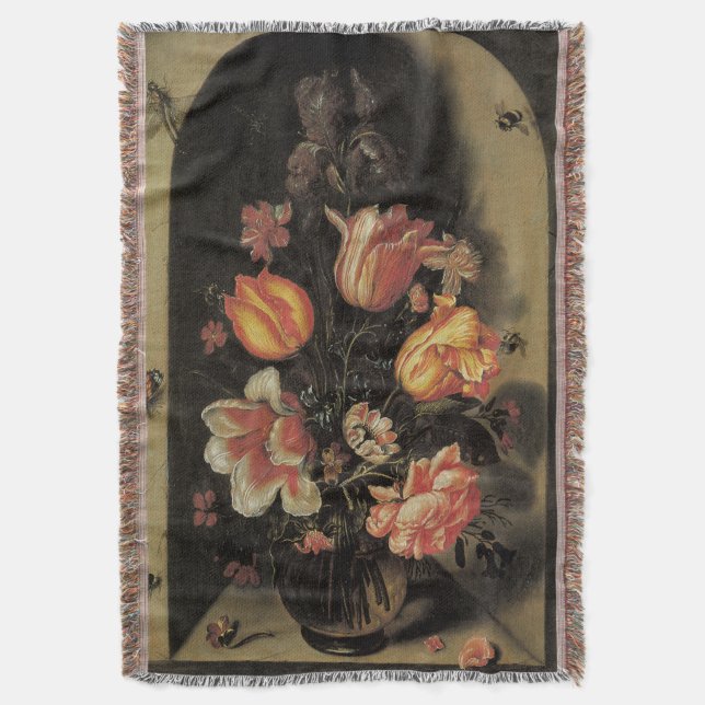 Blommor i vas, vintage barock blomsterstilleben filt (Framsidan Vertikal)