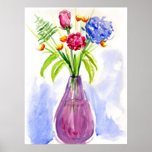 Blommor i vasvattenfärgkanvastryck poster