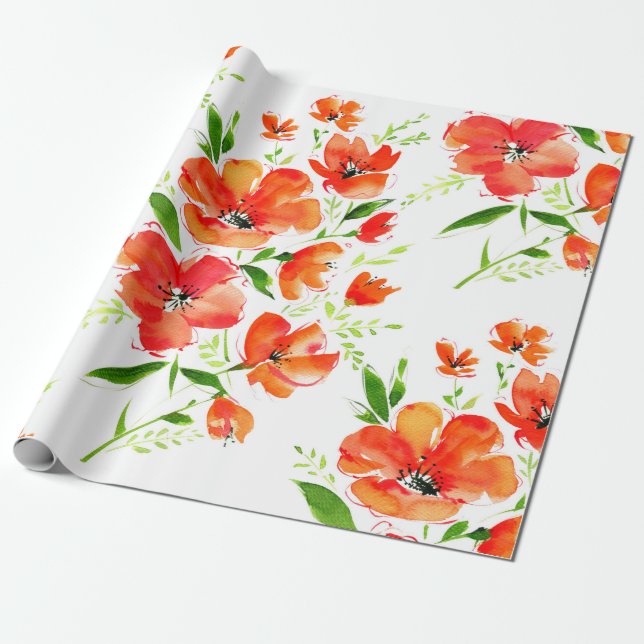 Blommor i vattenfärgen, sömlösa, mönster orange presentpapper (Utrullad)