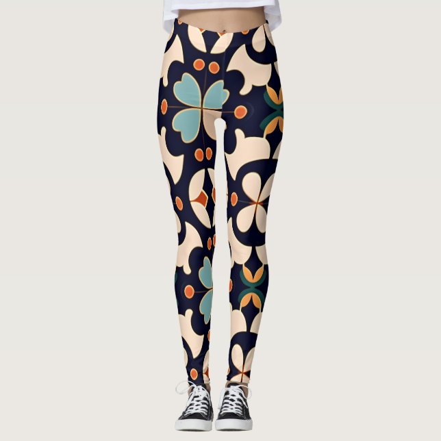 Blommor, isomerisk blå Orange Blommigt Retro Mönst Leggings (Framsida)