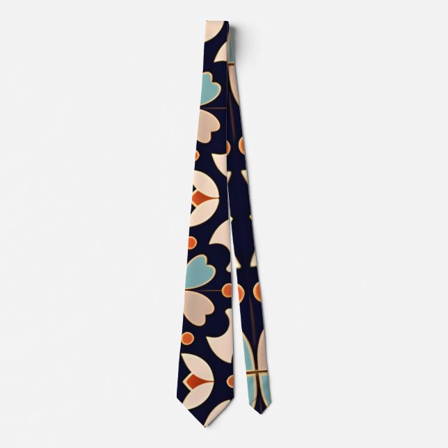 Blommor, isomerisk blå Orange Blommigt Retro Mönst Slips (Framsida)