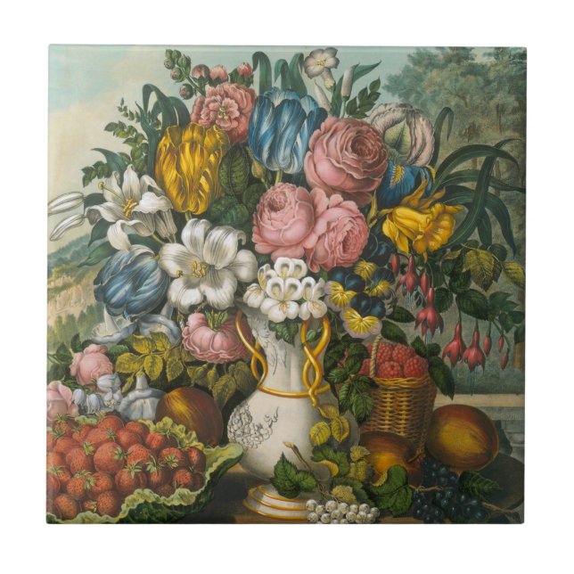 Blommor, jordgubbar och frukt kakelplatta (Framsidan)