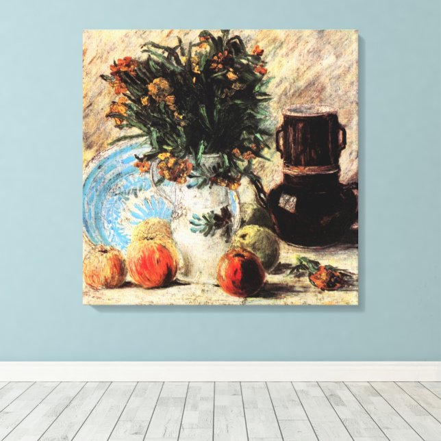 Blommor, kaffekanna och frukt av Vincent van Gogh Canvastryck (Insitu (trägolv))