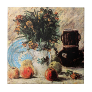 Blommor, kaffepott och frukt av Vincent van Gogh Kakelplatta