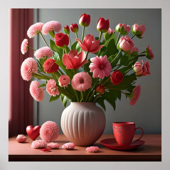 Blommor kärlek valentines day bouquets röd rosa poster (Framsidan)