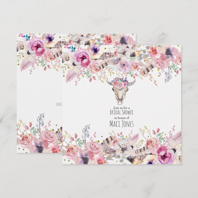 Blommor & Ko Skalle Rustik Lanlig Glam Invitation Inbjudningar (Fram/baksida)