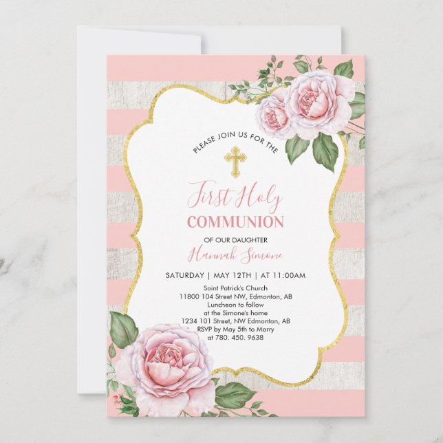 Blommor & Kors | Flickas första kommunion Inbjudningar (Framsida)