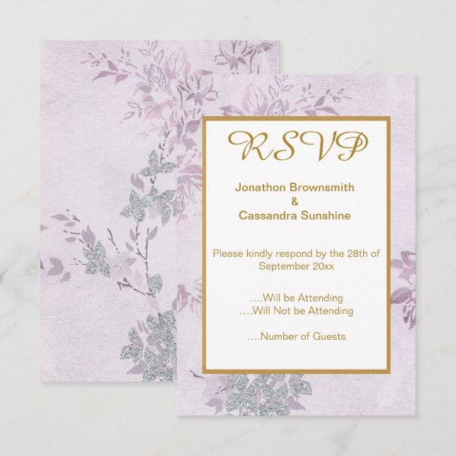 BLOMMOR LILA PURPUR NYDRÄKTLIGT BRÖLLLOPSSVAR RSVP INBJUDNINGAR (Fram/baksida)