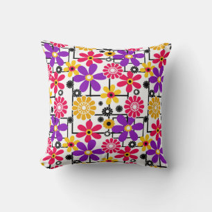 Blommor, ljusa retro, blommigt, rött och gult kudde