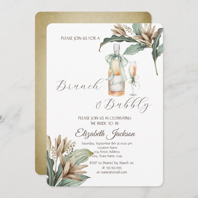 Blommor Löv Champagne Glass Flaska Möhippa Inbjudningar (Fram/baksida)