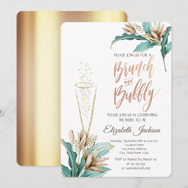 Blommor Löv Champagneglas Bröllopsdusch Inbjudningar (Fram/baksida)