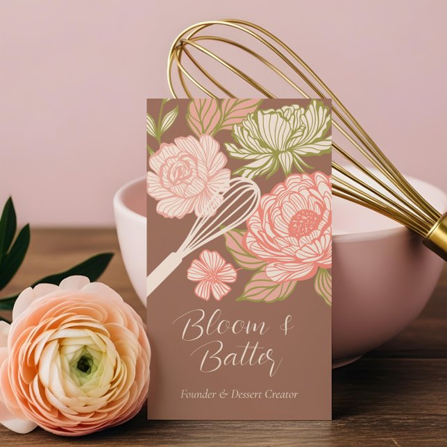 Blommor & löv Elegant linjekonst Bagerivisks Visitkort (Floral & Foliage Elegant Line Art Bakery Whisk Business Card)