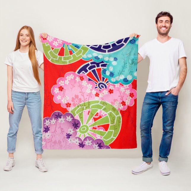 Blommor, Löv, Hjul Mönster, japansk design Fleecefilt (På plats)