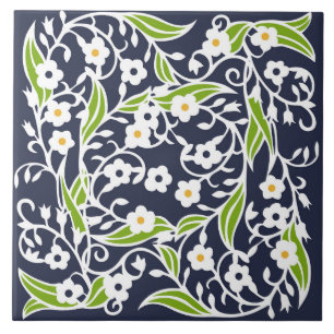 Blommor, löv, vin, marinblått, vitt, grönt kakelplatta