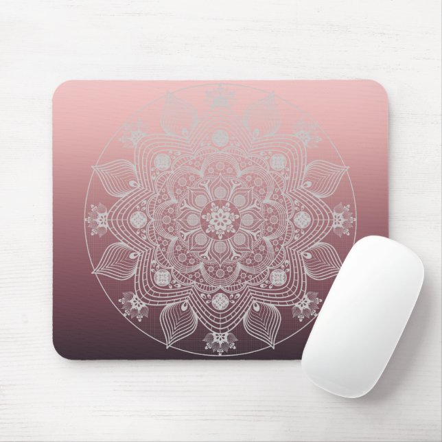 Blommor, Löv, vit Snöre Blommigt Mandala på Rosa Musmatta (Med mus)