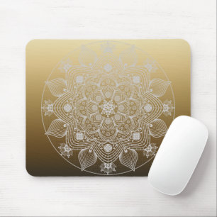 Blommor, Löv, Vita Snöre-Blommigten Mandala på Gul Musmatta