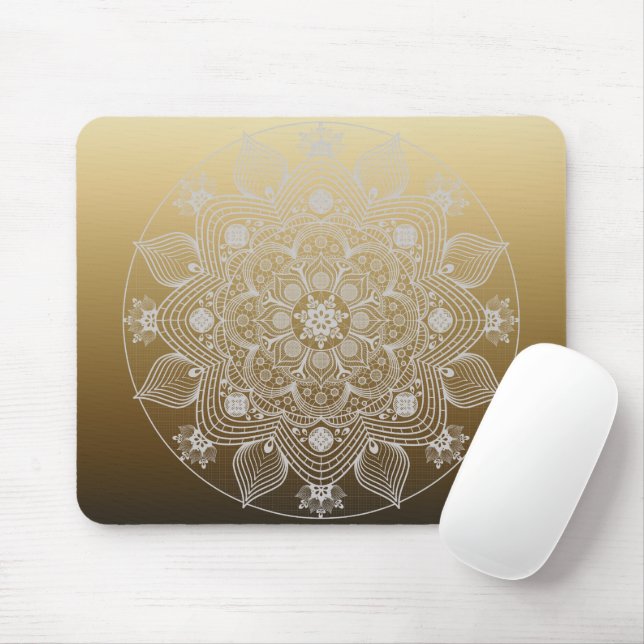 Blommor, Löv, Vita Snöre-Blommigten Mandala på Gul Musmatta (Med mus)