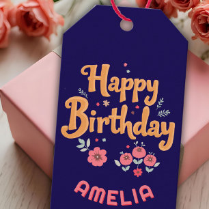 Blommor Lycklig Födelsedag Handlettering Presentetikett