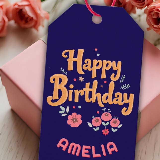 Blommor Lycklig Födelsedag Handlettering Presentetikett (Skapare uppladdad)