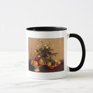 Blommor, maträtt med frukt och karaff, 1865 mugg