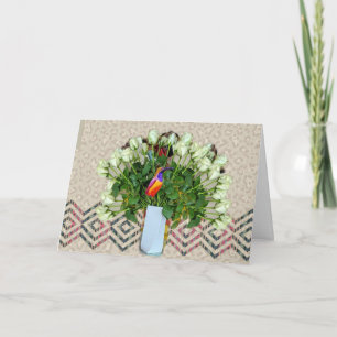 Blommor med fågel och Dikt Kort
